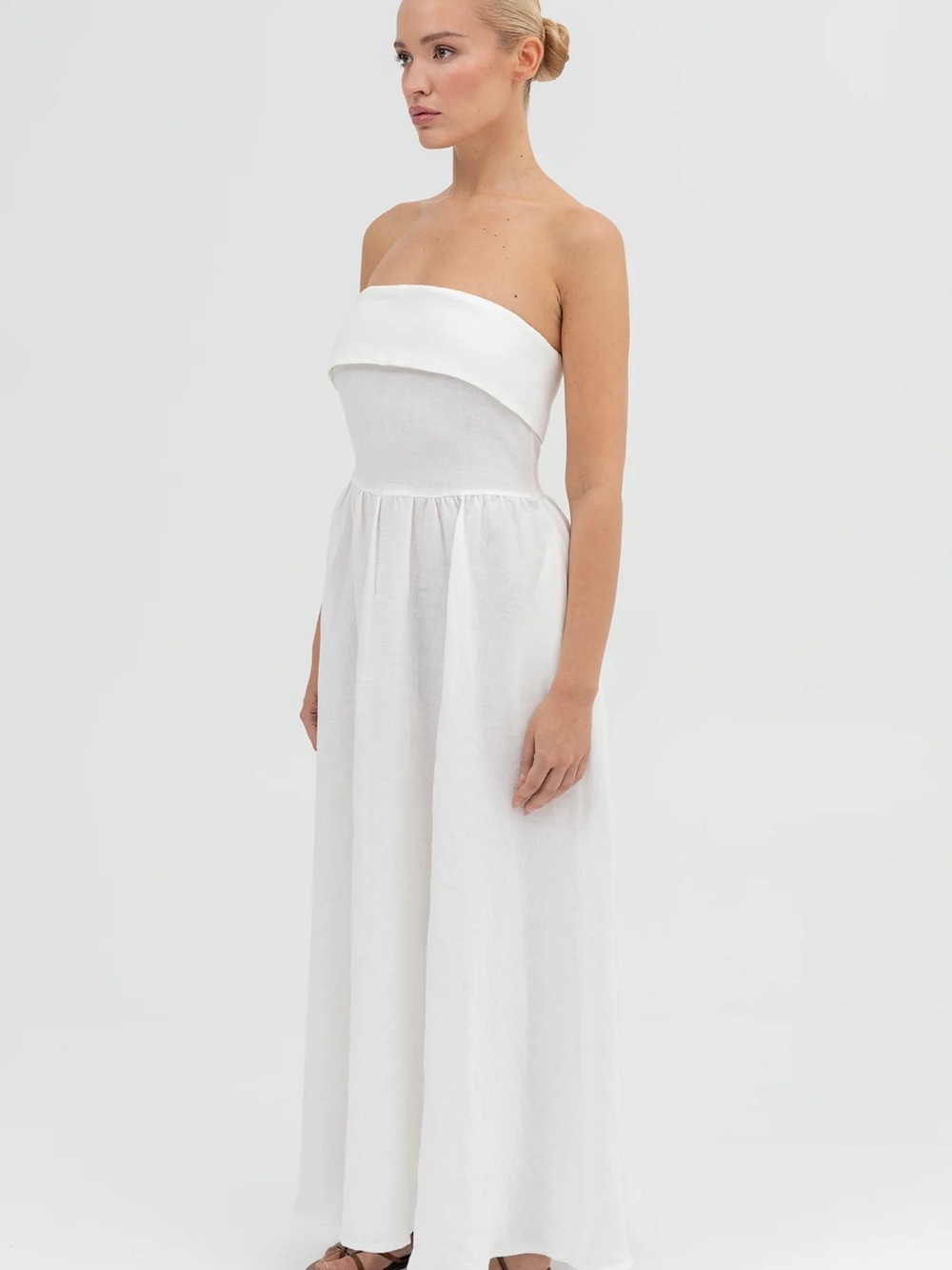 Strapless White Maxi Dress with Fold-Over Bodice